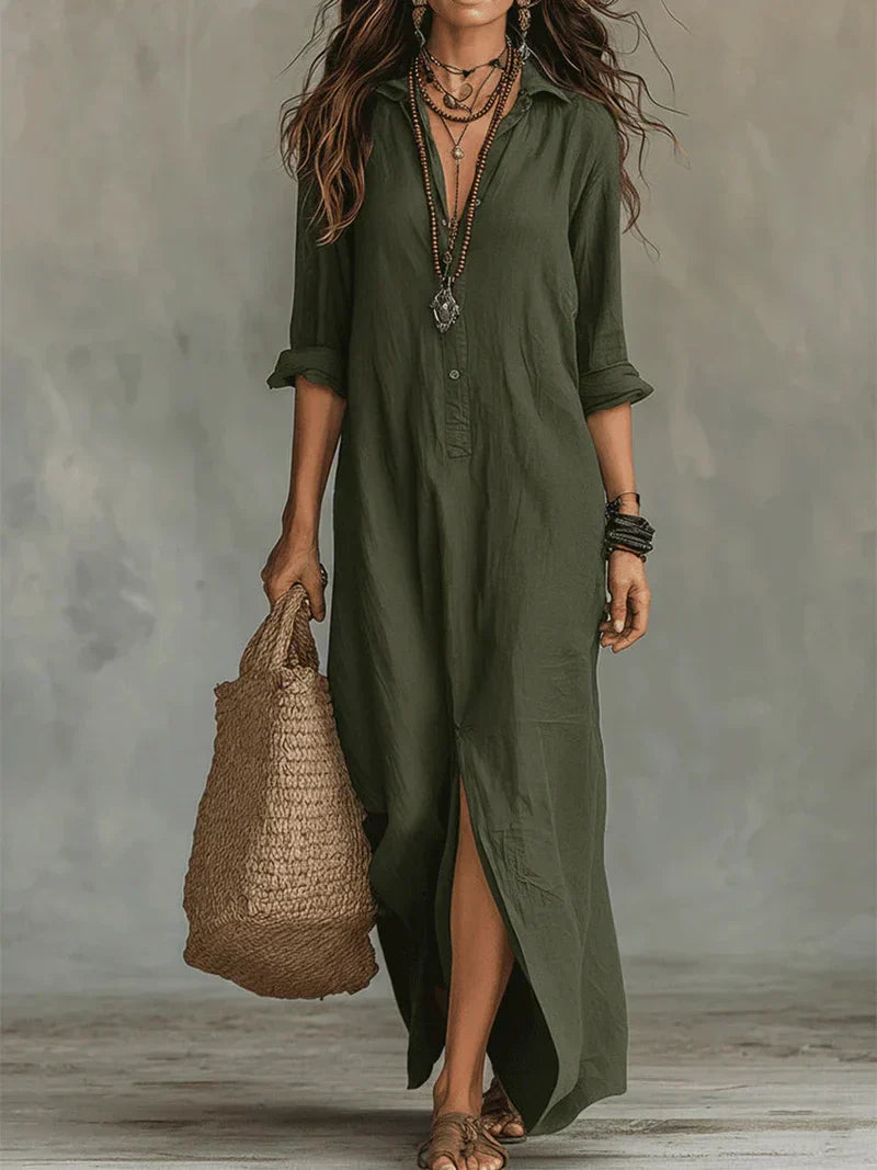 Un vestido largo cómodo con una silueta favorecedora. Muy versátil para el día a día