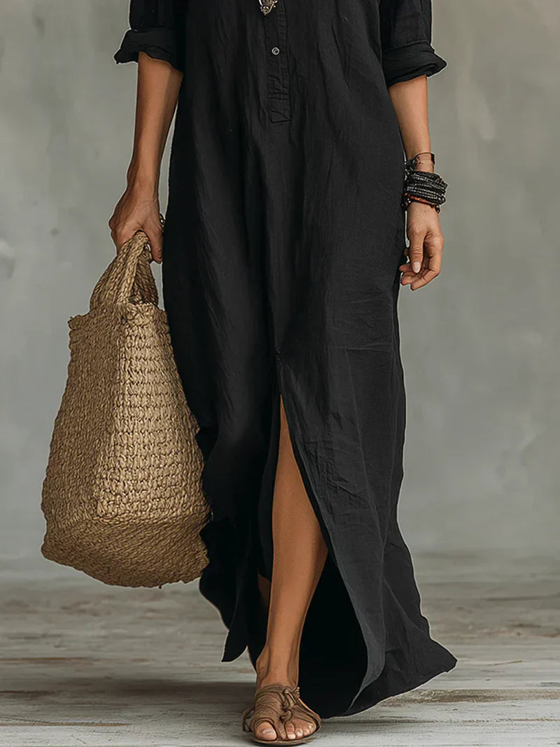 Un vestido largo cómodo con una silueta favorecedora. Muy versátil para el día a día
