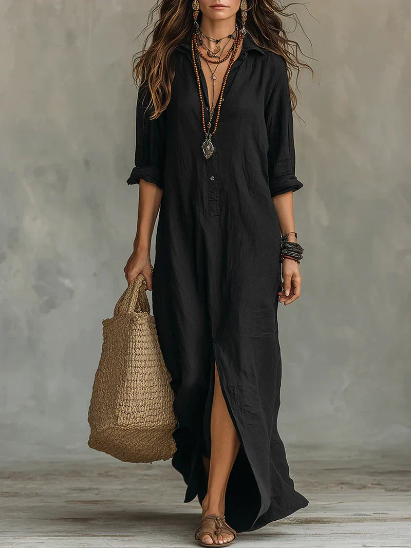 Un vestido largo cómodo con una silueta favorecedora. Muy versátil para el día a día