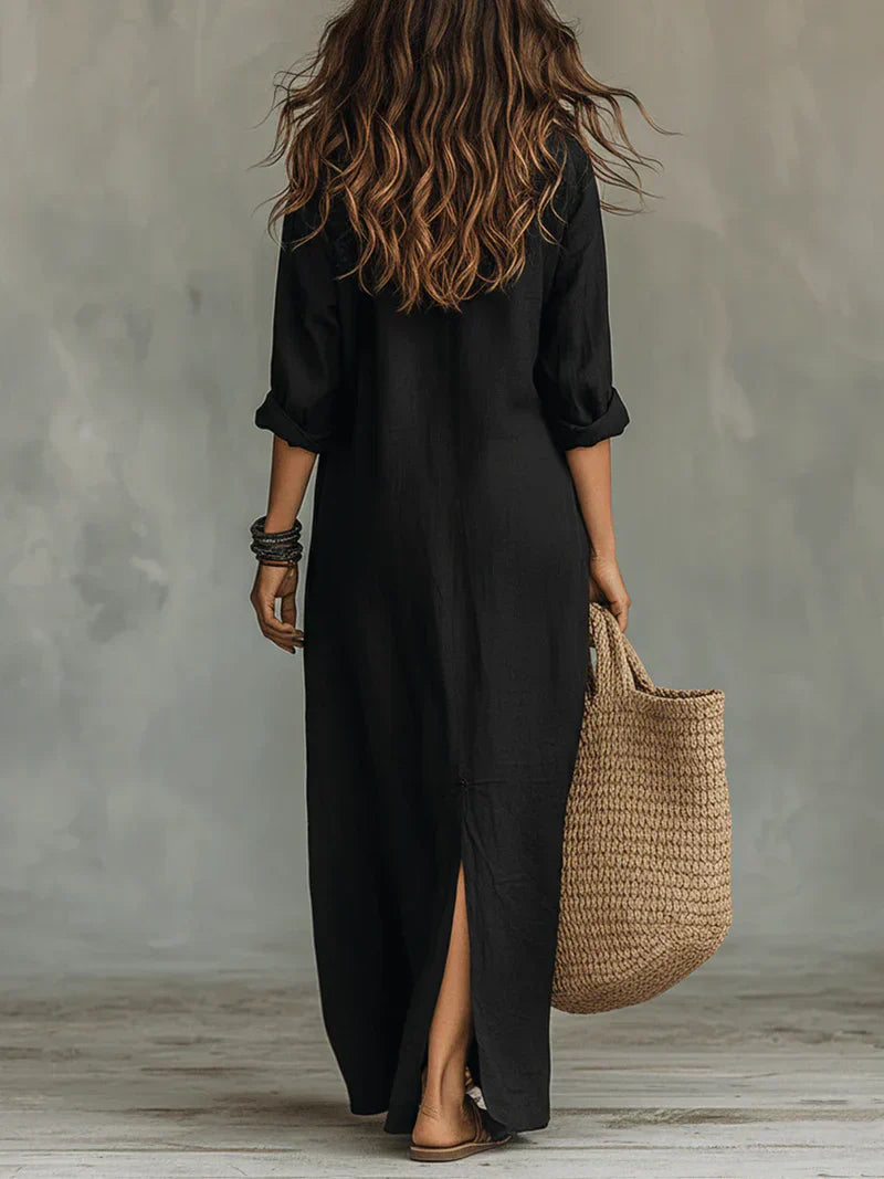 Un vestido largo cómodo con una silueta favorecedora. Muy versátil para el día a día