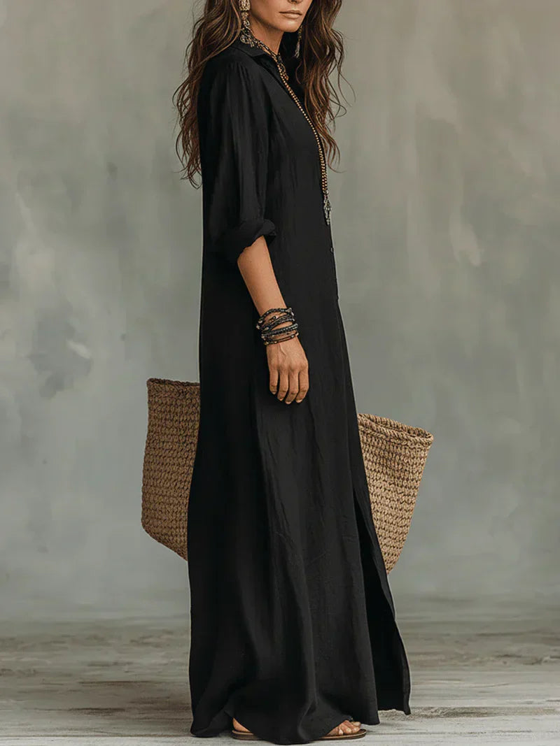 Un vestido largo cómodo con una silueta favorecedora. Muy versátil para el día a día