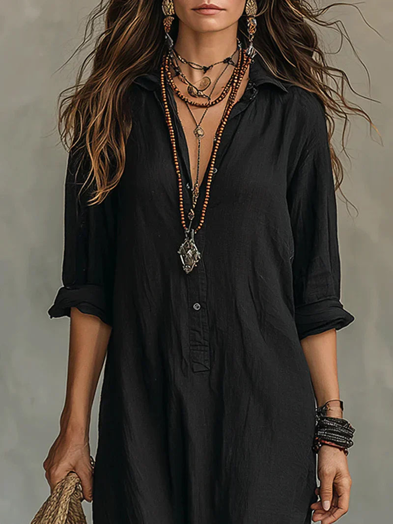 Un vestido largo cómodo con una silueta favorecedora. Muy versátil para el día a día